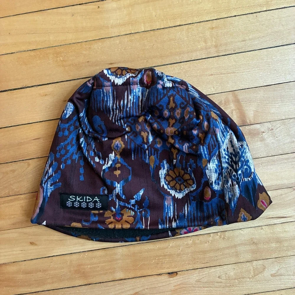 Skida Alpine Hat One Size Brown Blue Ikat Fleece Lined Beanie Unisex